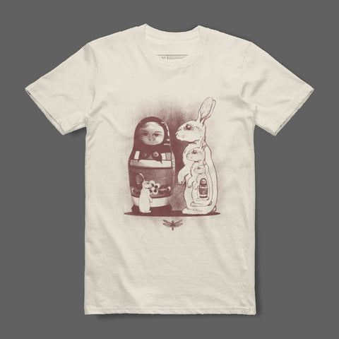 Unique Graphic Tee with Artistic Animal and Doll Print