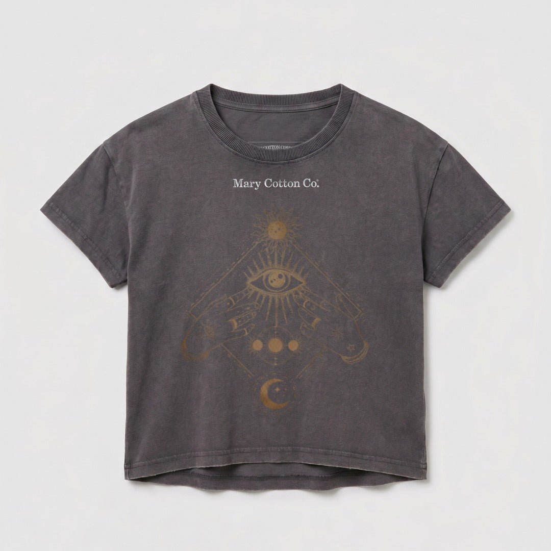 Gray t-shirt with celestial graphic, eyes, and hands, and "Mary Cotton Co." text.