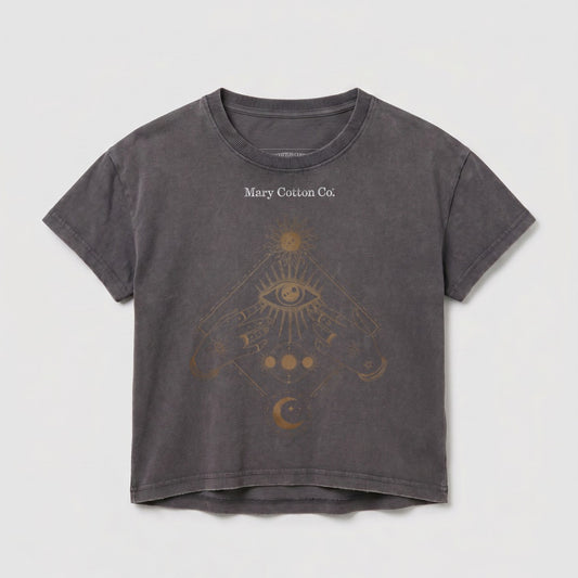 Gray t-shirt with celestial graphic, eyes, and hands, and "Mary Cotton Co." text.