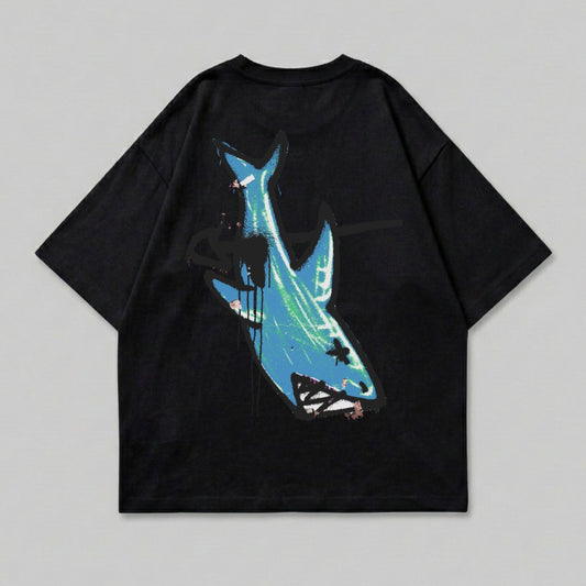 Black oversized distressed blue green shark graphic t-shirt product type