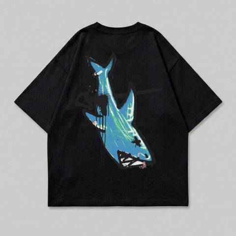 Black oversized distressed blue green shark graphic t-shirt product type