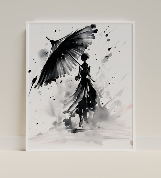 Abstract Woman with Umbrella in Black and White Art