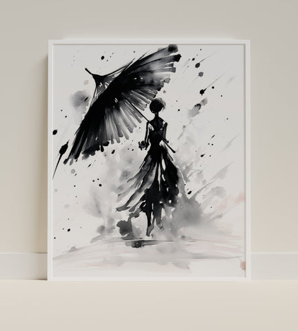 Abstract Woman with Umbrella in Black and White Art