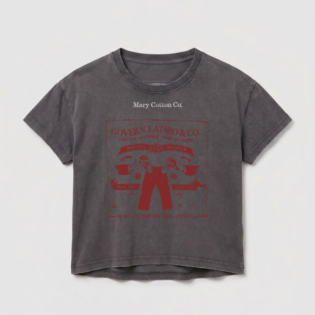 Grey t-shirt with red graphic design featuring "Govern Ladro & Co." and text.