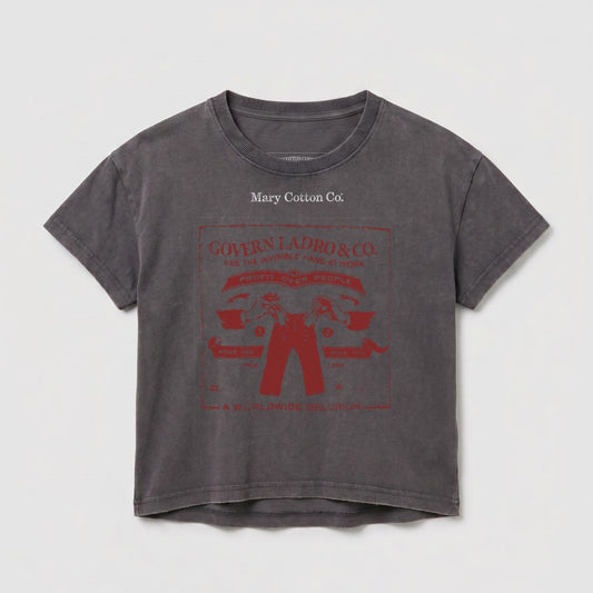 Grey t-shirt with red graphic design featuring "Govern Ladro & Co." and text.