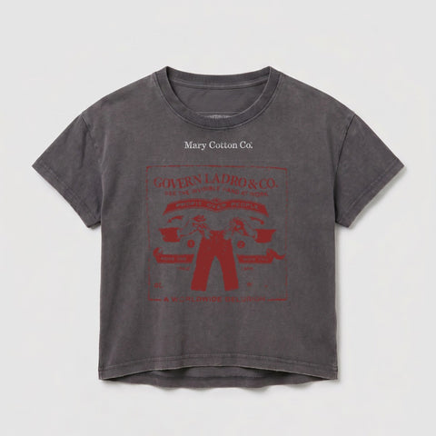 Grey t-shirt with red graphic design featuring "Govern Ladro & Co." and text.