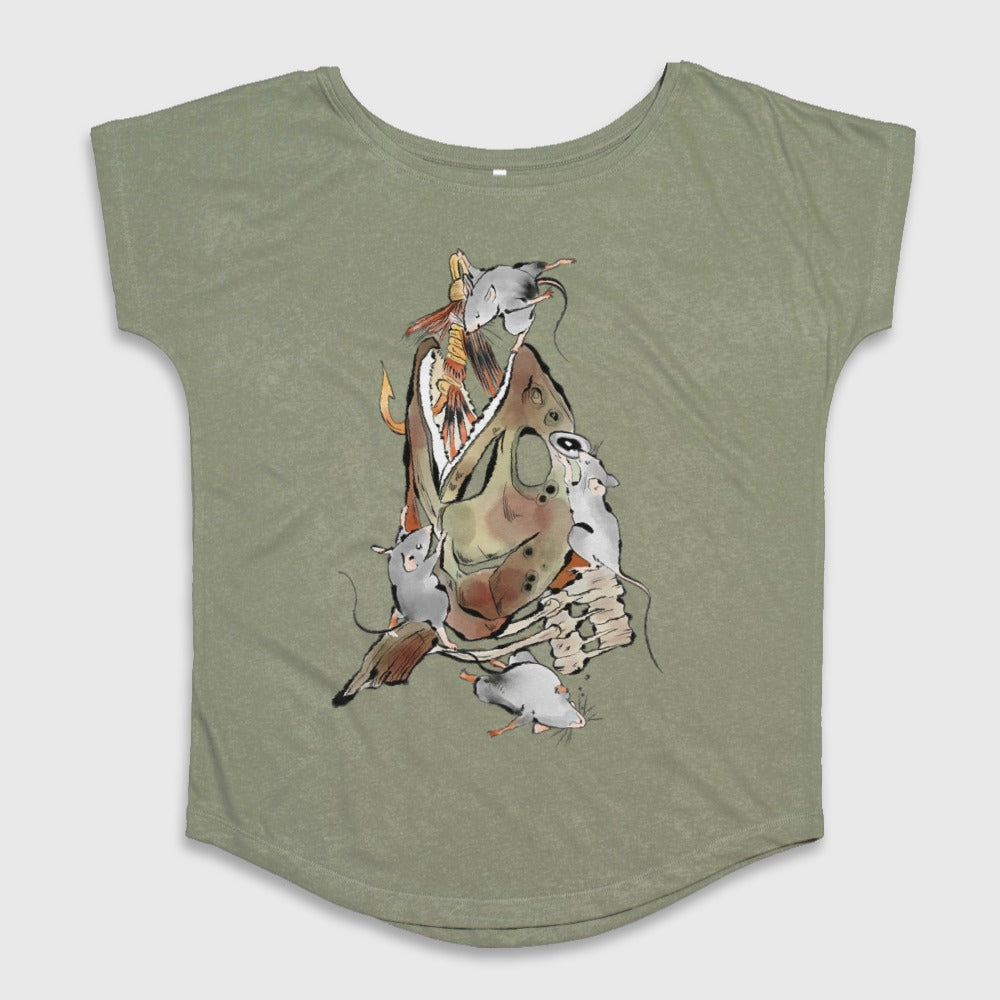 Fish Skull with Mice Graphic on Green Shirt product
