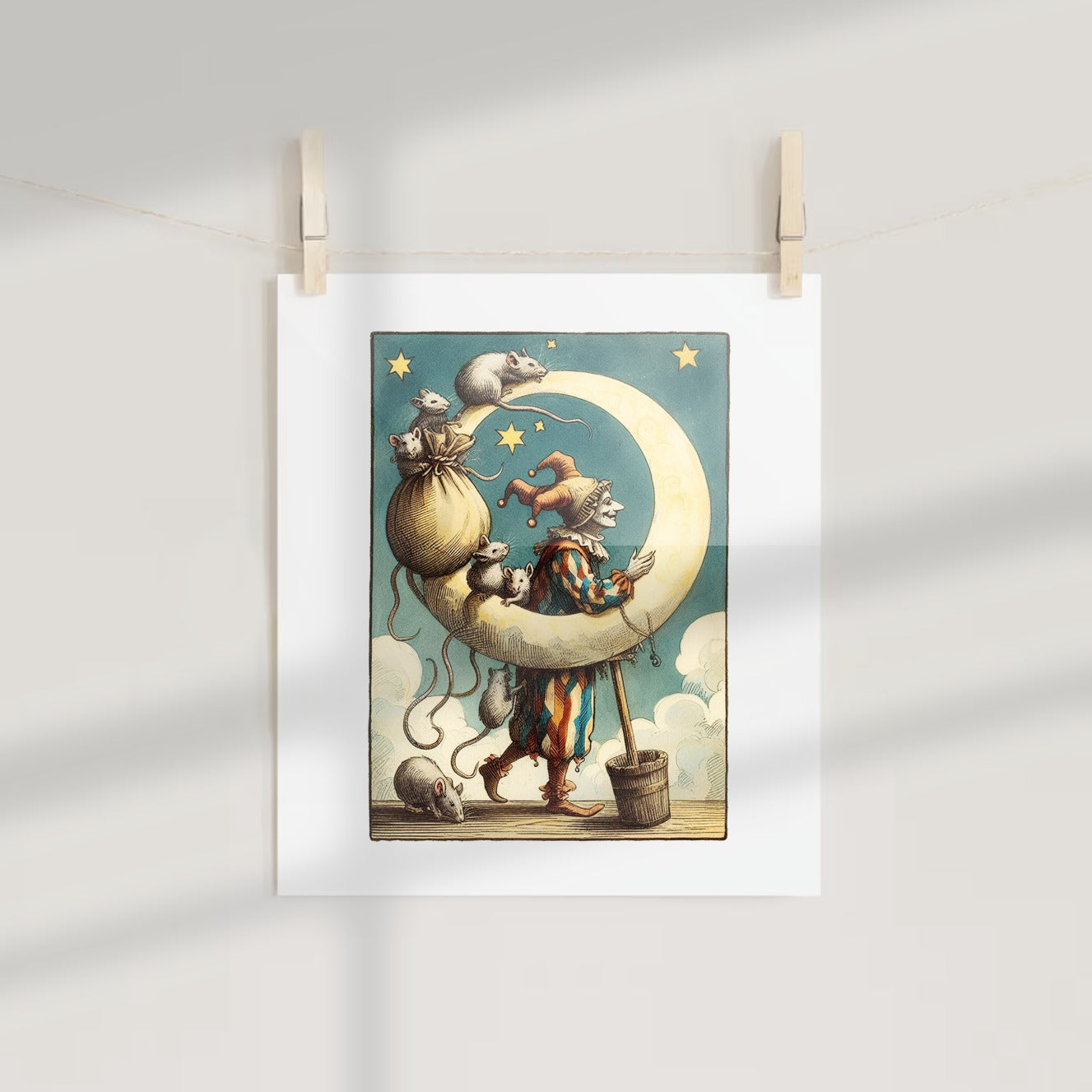 Whimsical Cat Clown on Moon with Mice Art Print