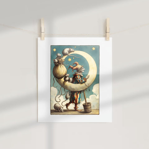 Whimsical Cat Clown on Moon with Mice Art Print