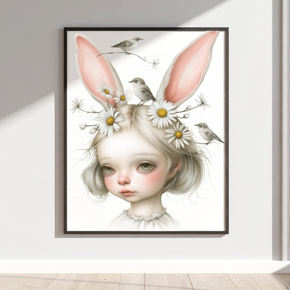 Whimsical Bunny Girl with Flowers Art Print