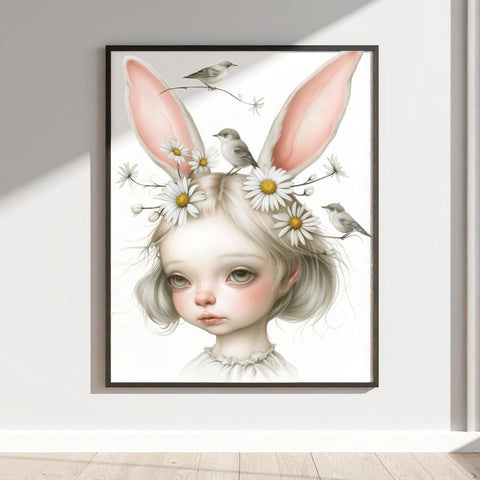Whimsical Bunny Girl with Flowers Art Print