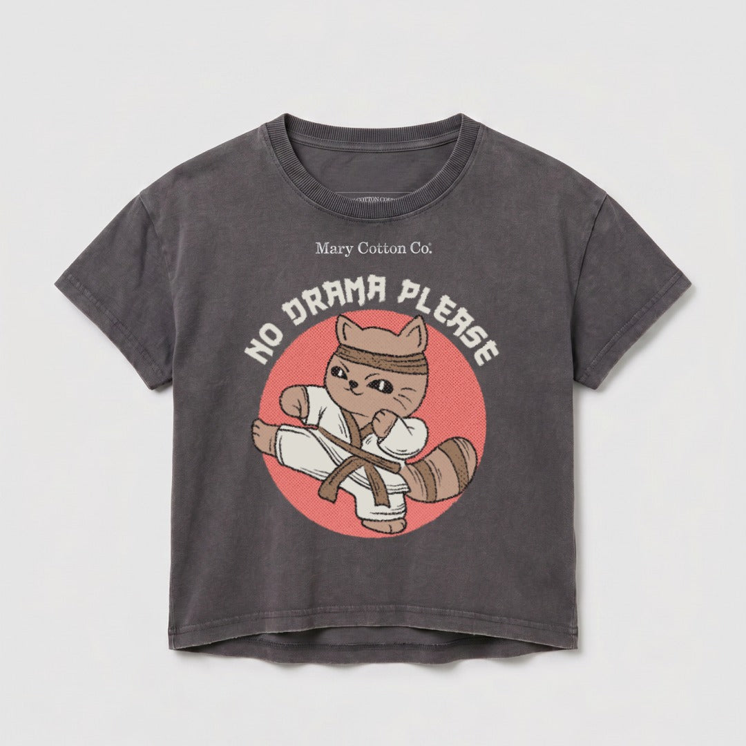 Grey t-shirt with a cartoon cat performing a karate kick and the text "NO DRAMA PLEASE".