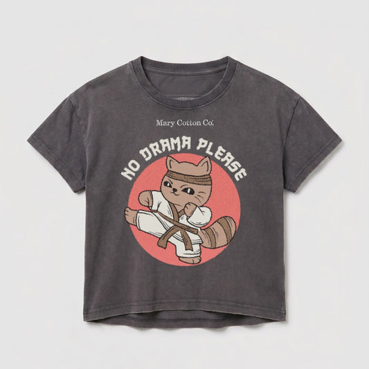 Grey t-shirt with a cartoon cat performing a karate kick and the text "NO DRAMA PLEASE".