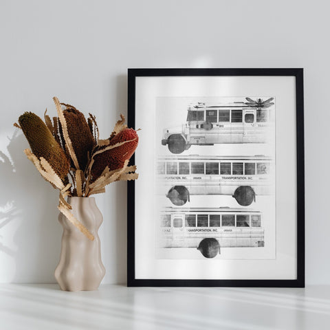 Black And White School Bus Artistic Framed Print