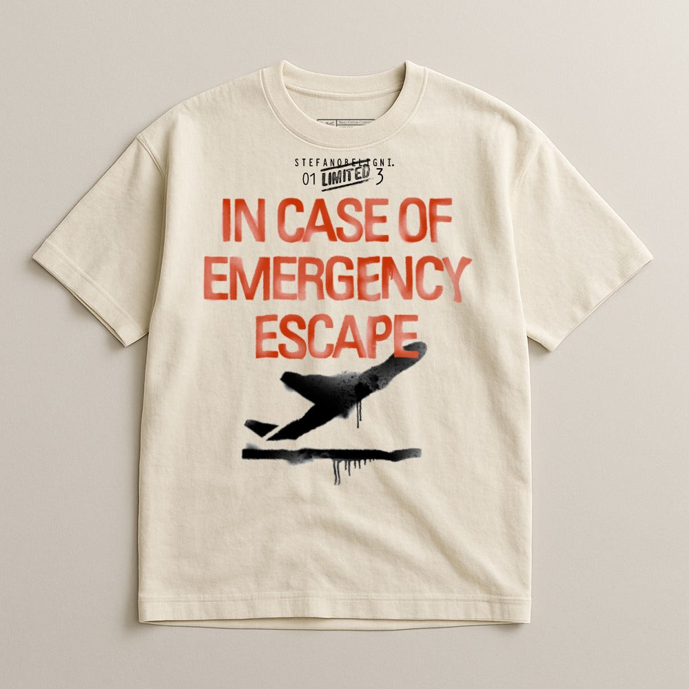 Cream t-shirt with "IN CASE OF EMERGENCY ESCAPE" and airplane graphic.
