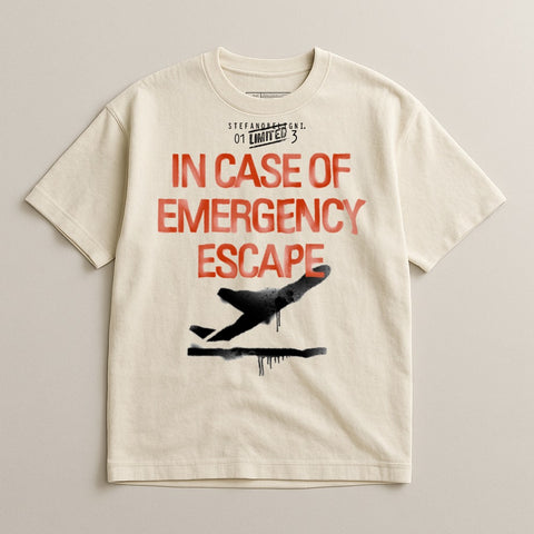 Cream t-shirt with "IN CASE OF EMERGENCY ESCAPE" and airplane graphic.