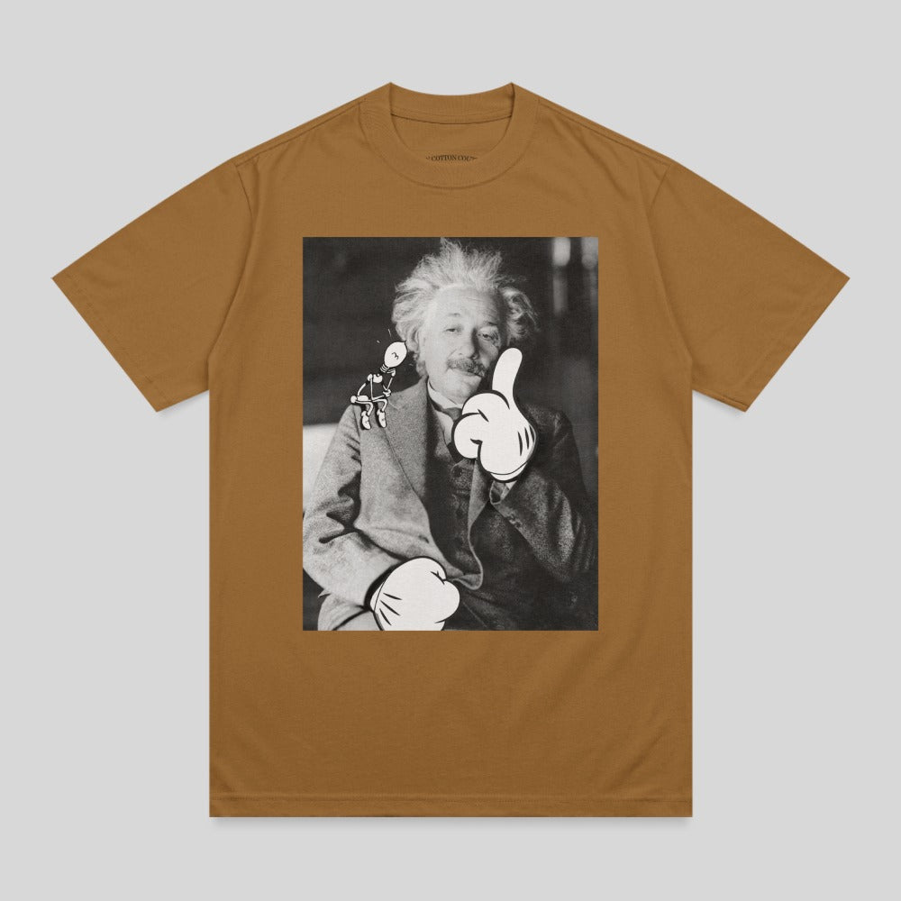 Albert Einstein giving a thumbs up with Snoopy character, on a brown t-shirt.