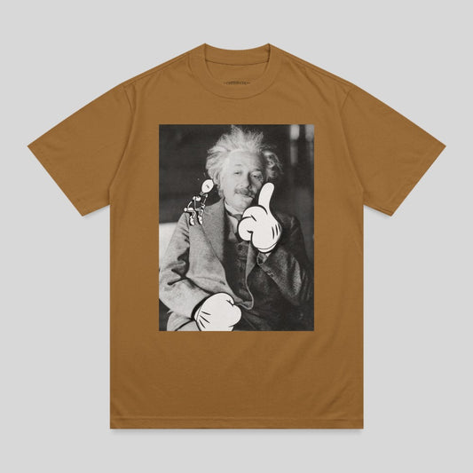 Albert Einstein giving a thumbs up with Snoopy character, on a brown t-shirt.