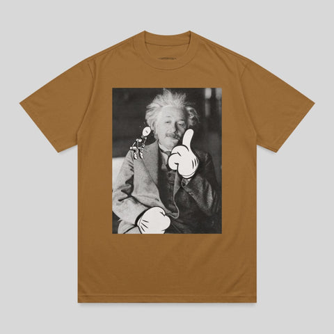Albert Einstein giving a thumbs up with Snoopy character, on a brown t-shirt.