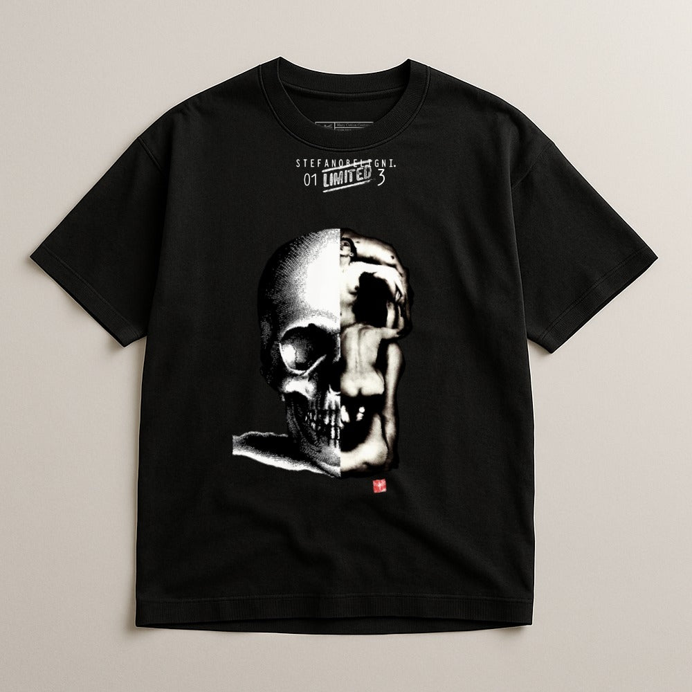 Black t-shirt featuring a split skull graphic with text "STEFANOSGN. 01 LIMITED 3".