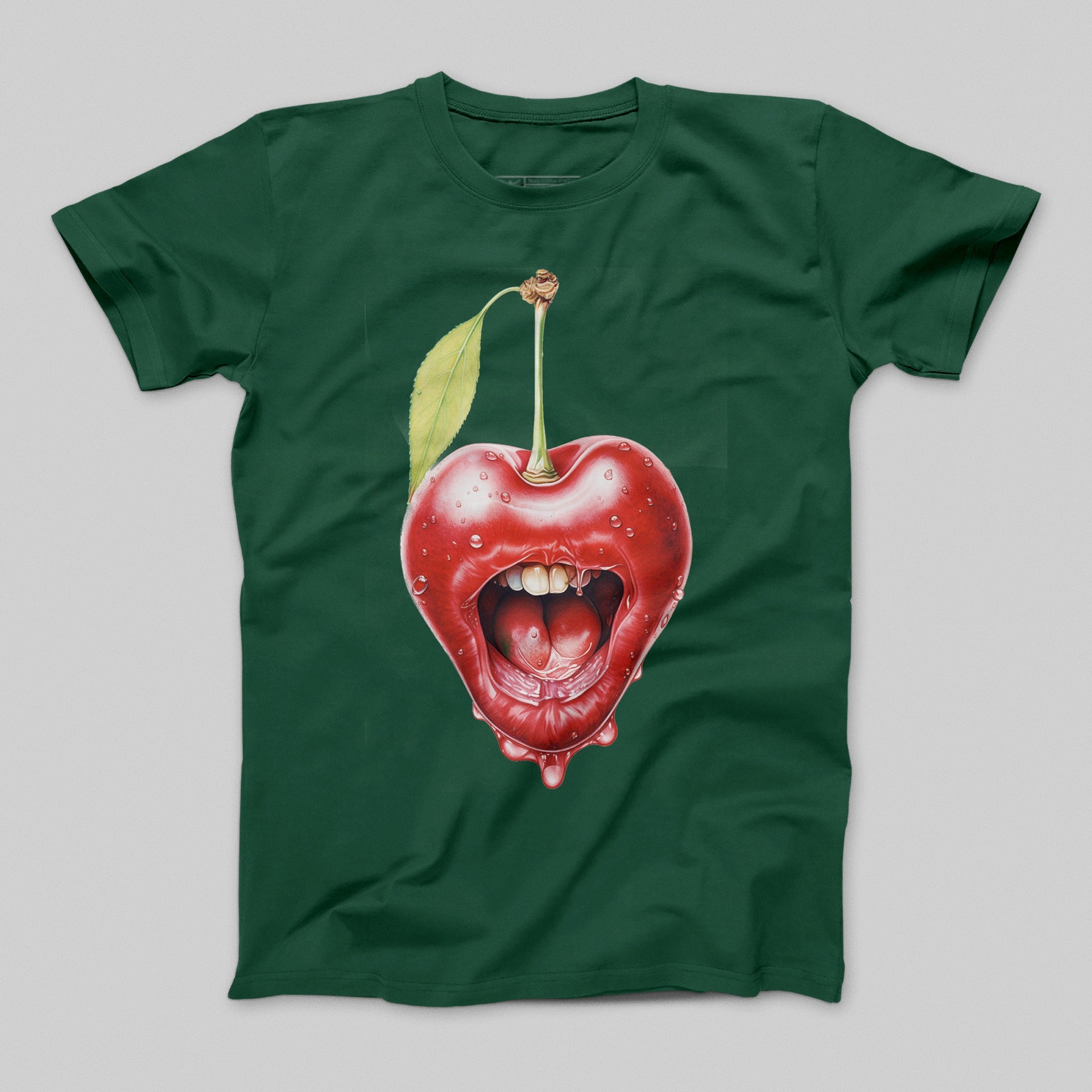 Cherry Mouth Graphic Design on Green T-Shirt Product