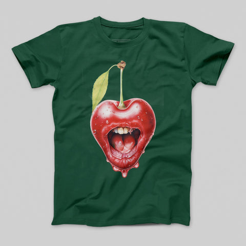 Cherry Mouth Graphic Design on Green T-Shirt Product
