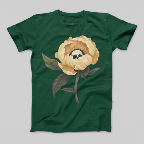 Yellow Flower with Skull Graphic Green T-shirt