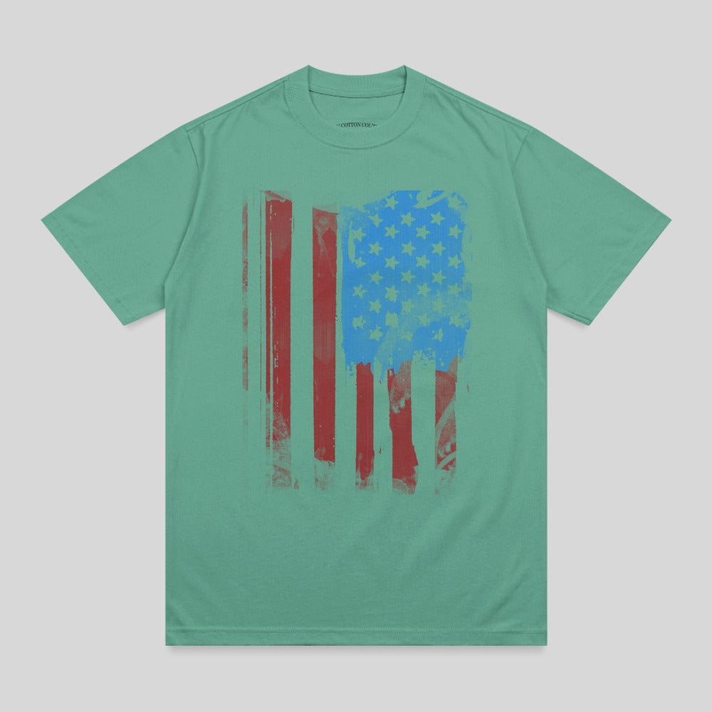 Green t-shirt with a distressed American flag graphic.