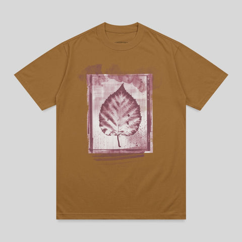 Brown t-shirt with a framed, stylized leaf print.