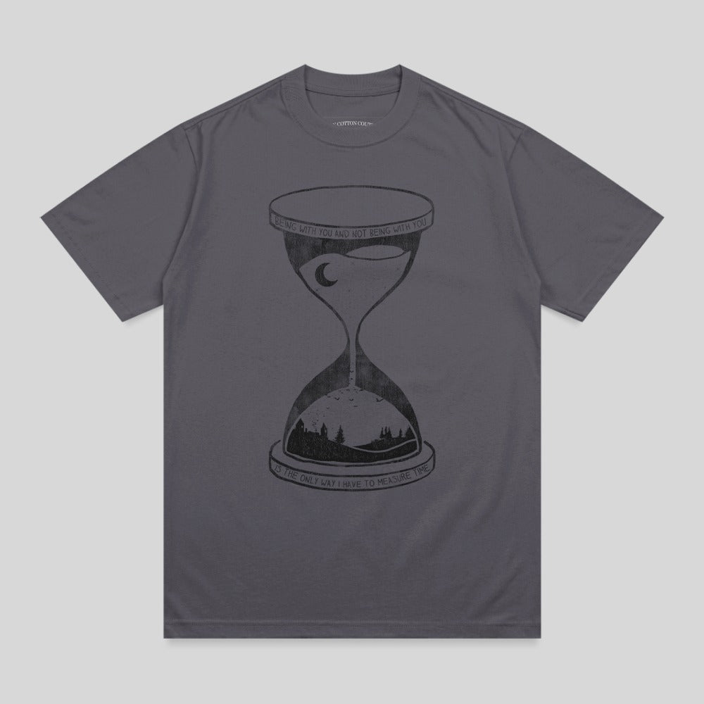 Dark grey t-shirt with hourglass graphic and text about time.