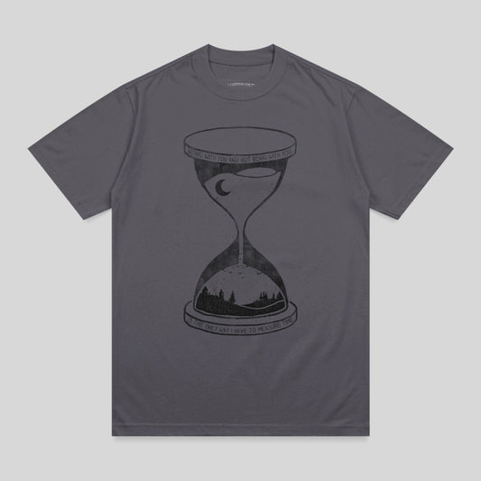 Dark grey t-shirt with hourglass graphic and text about time.
