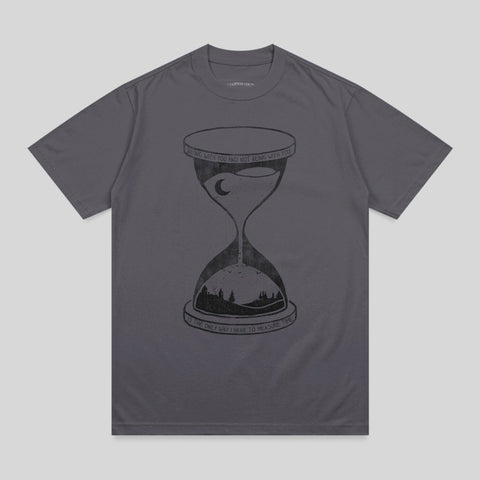 Dark grey t-shirt with hourglass graphic and text about time.