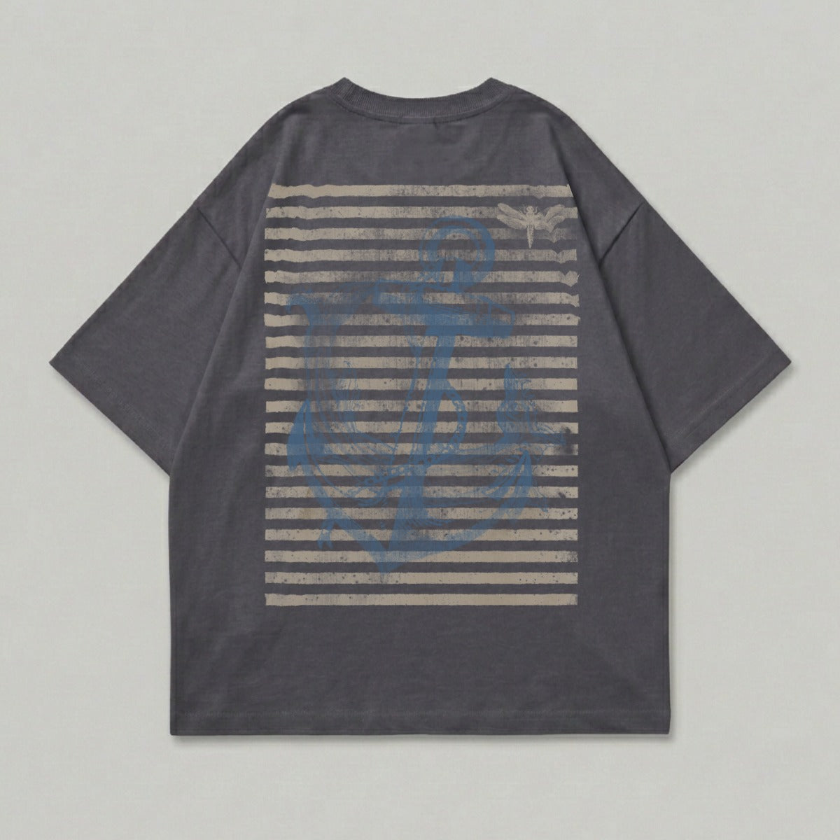 Dark grey t-shirt with a blue anchor and stripe graphic on back.