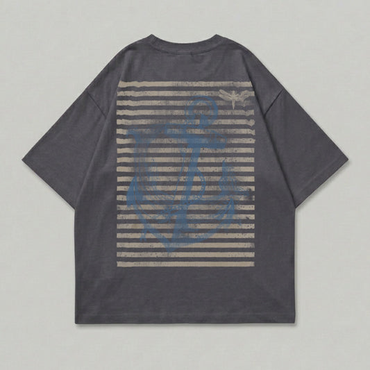 Dark grey t-shirt with a blue anchor and stripe graphic on back.