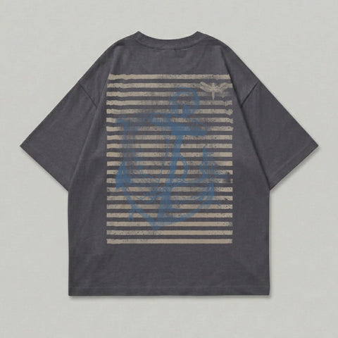 Dark grey t-shirt with a blue anchor and stripe graphic on back.