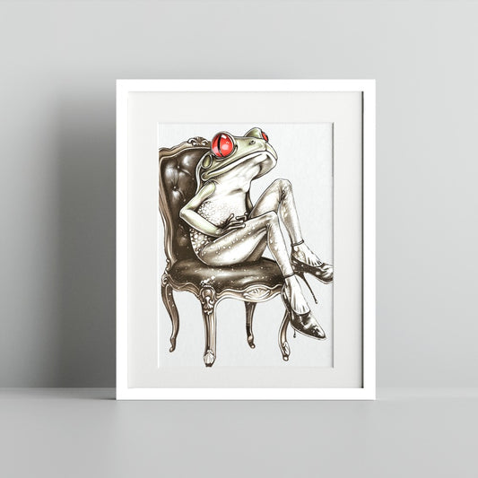 Stylish Frog Seated on Vintage Chair Art Print