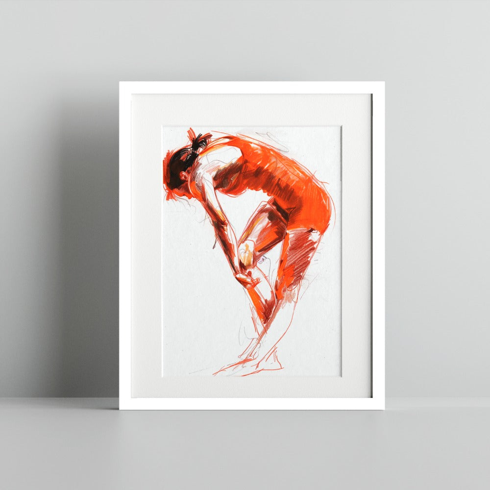 Dynamic Red Ballet Dancer Art Print in White Frame