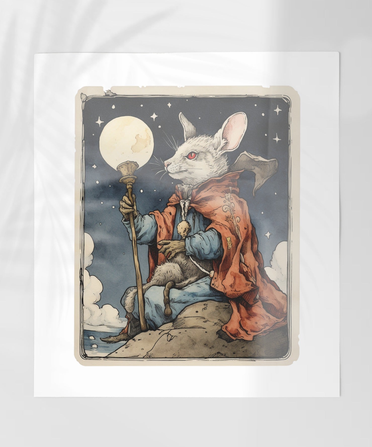 Fantasy Rabbit with Moon Staff Illustration Print