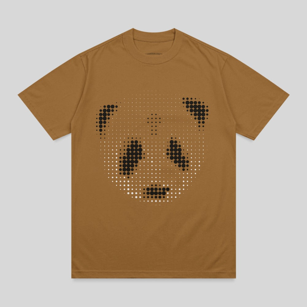 Brown t-shirt with a white dot pattern forming a panda face.