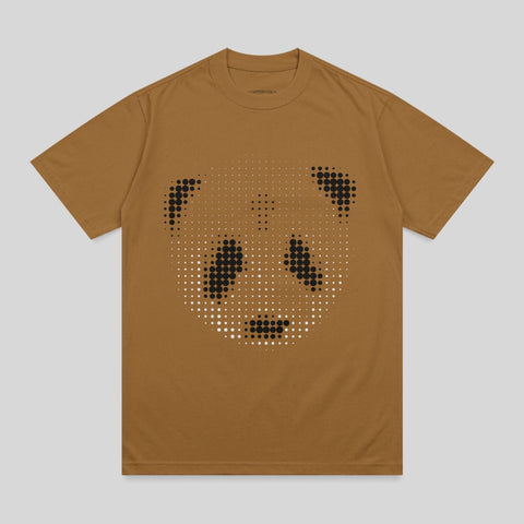 Brown t-shirt with a white dot pattern forming a panda face.