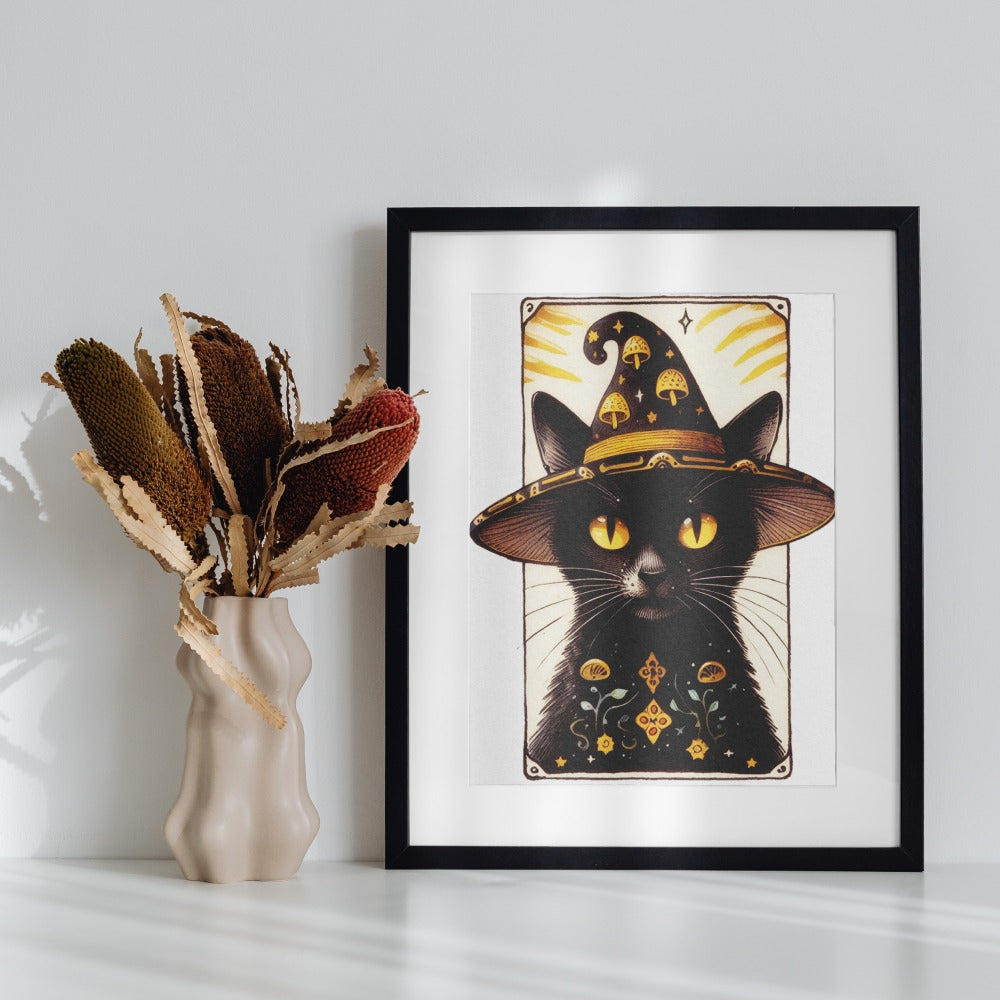 Mystical Black Cat with Witch Hat Framed Art Print