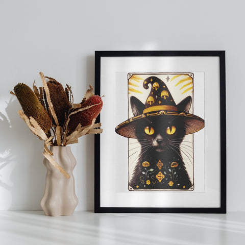 Mystical Black Cat with Witch Hat Framed Art Print