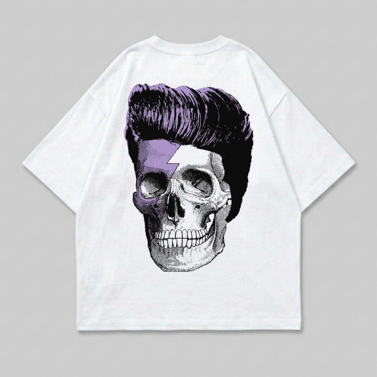 White t-shirt with purple lightning bolt skull and styled hair graphic.