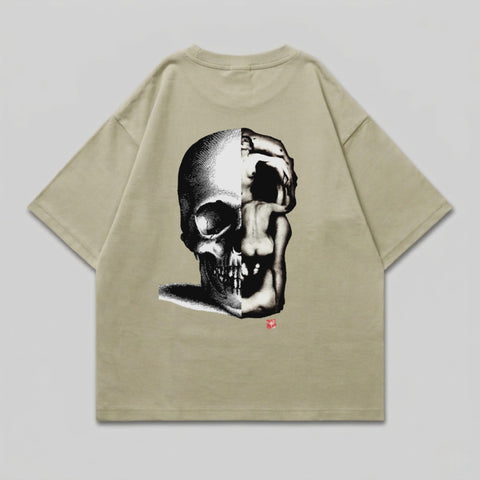 T-shirt with a split skull graphic, half skeletal, half human form.