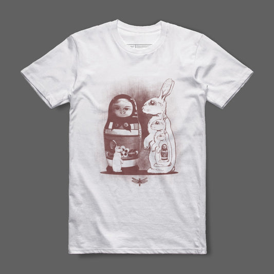 Unique Artistic Rabbit and Doll Graphic T-Shirt