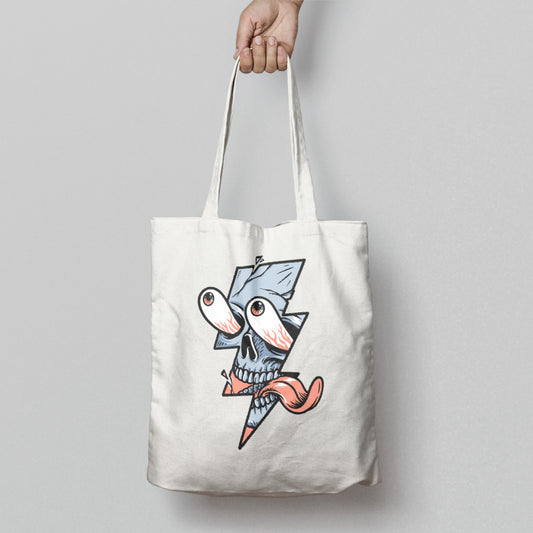 Unique Skull Design Tote Bag with Lightning Artwork