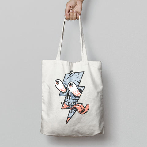 Unique Skull Design Tote Bag with Lightning Artwork