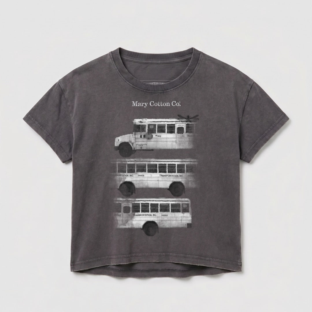 Dark grey t-shirt with stacked images of a vintage bus and "Mary Cotton Co." text.