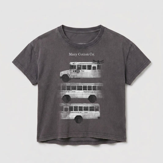 Dark grey t-shirt with stacked images of a vintage bus and "Mary Cotton Co." text.