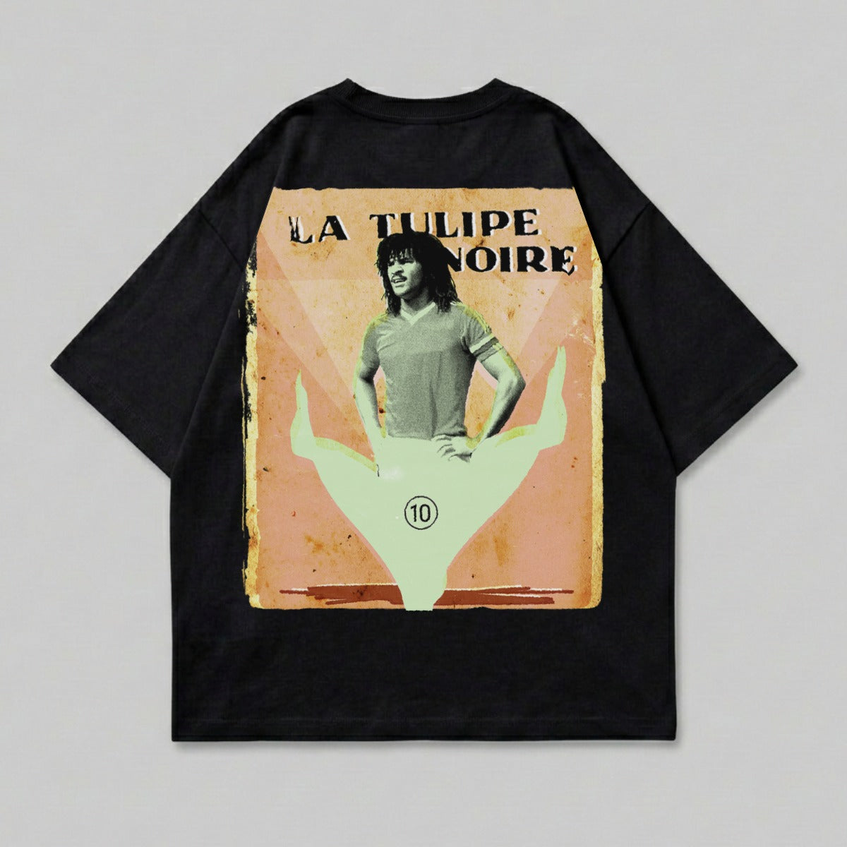 Black t-shirt with graphic of man and text "LA TULIPE NOIRE 10".